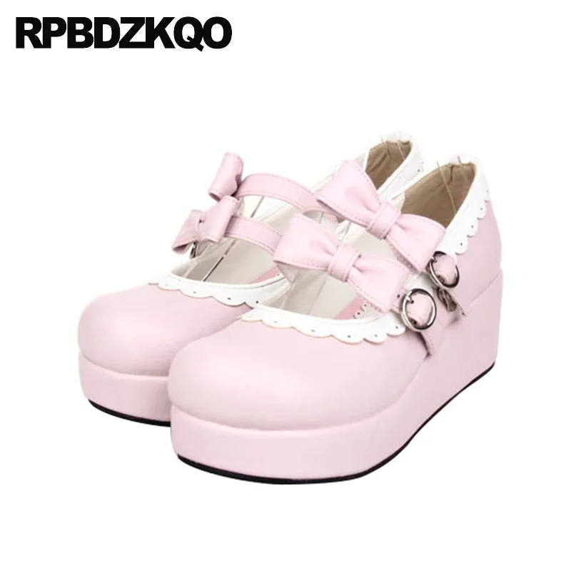 

Women Large Size Medium Heel Platform Bowtie Strap Small Bow Knot Round Toe 46 33 Mary Jane Patent Leather Lolita Shoes Wedges