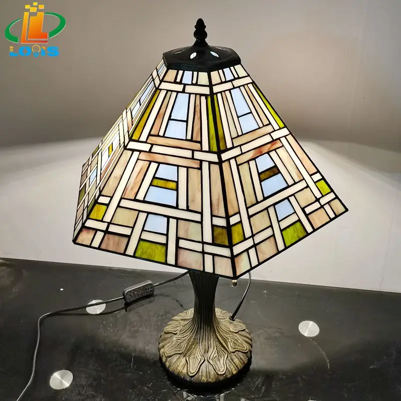 16 Inch Square Antique Art Table Lamp Tiffany Style Living Room Bar Desk Decoration Reading Light, Stained Glass Metal Base E27