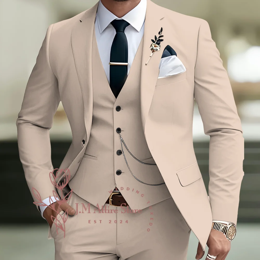 

Classic beige-pink men's 3-piece suit jacket vest pants custom slim fit for wedding groom prom party birthday gifts for father