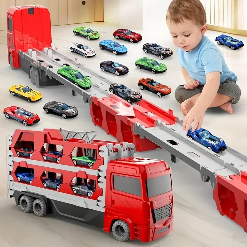 Red 61-inch dual track transport truck toy set with pop-up car, 6 metal cars and foldable storage, perfect gift for kids