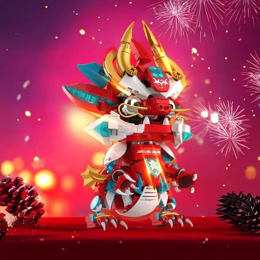 Red Flame Mech Dinosaur Blocks Building Toys DIY Bricks Chinese Culture Mythical Dragon Kids New Year Gift Decorations Presents