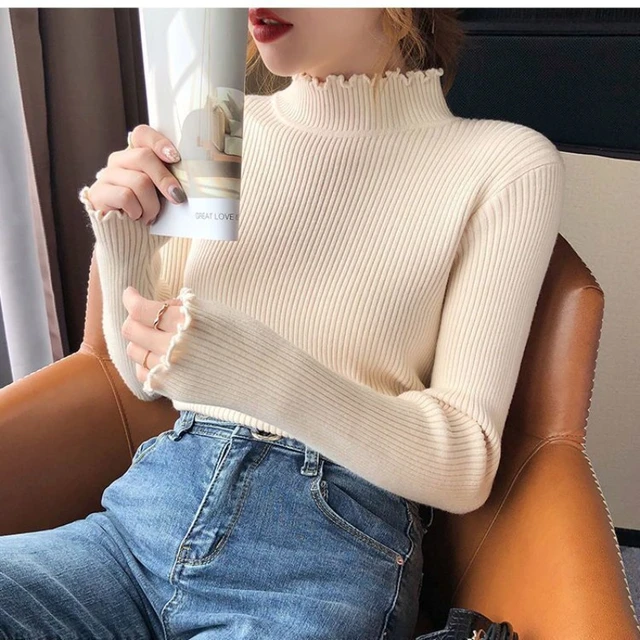 Gigh Neck Jerseys Women s Sweater Kawaii White Knit Tops for Woman Cute Turtleneck Jersey Clothing 90s Vintage Harajuku Fashion AliExpress