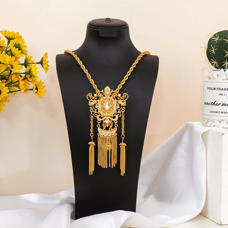 

Algerian Bride Fatima Store Crystal Long Necklace - Gilt Sweater Chain Kaftan Wedding Design Ethnic Arab Style Accessory