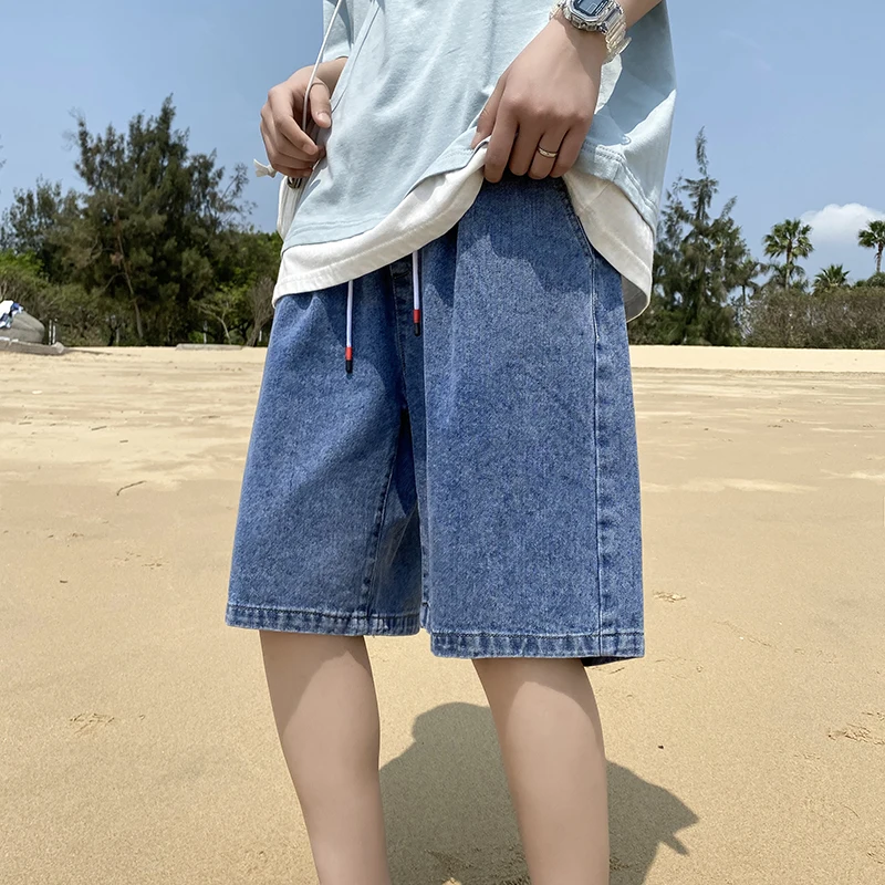 

Summer Waed Denim orts Men's Trendy Vintage Loose Fit Thin Five-Point Beach Casual Youth ular Straight Leg Jeans