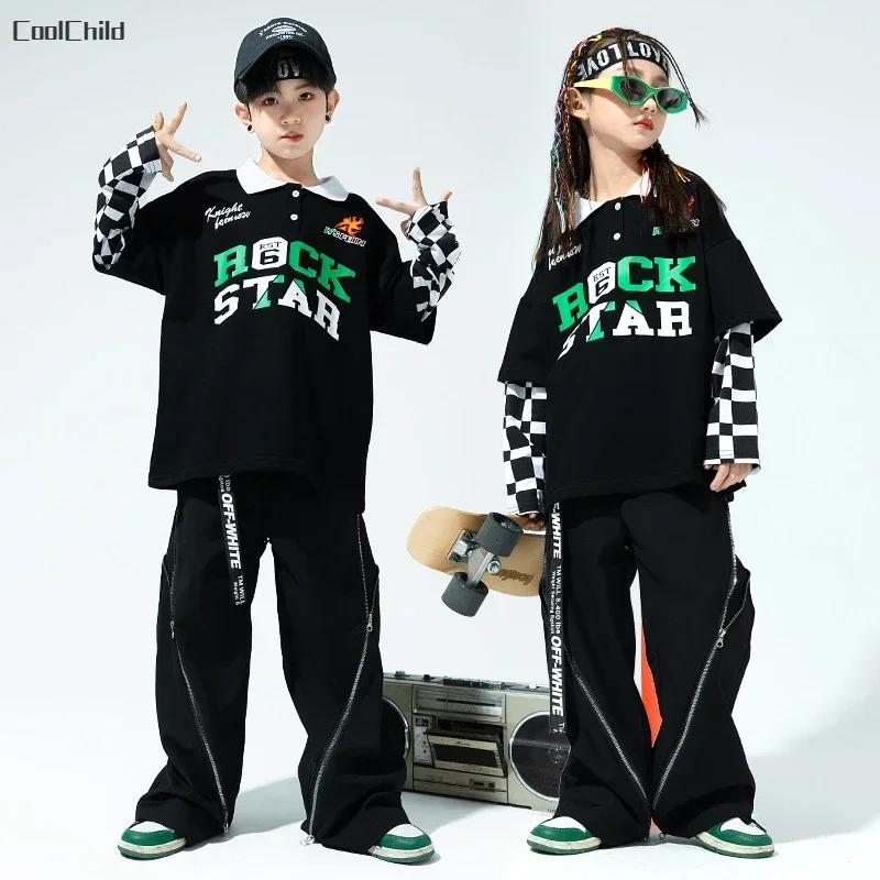 

Boys Hip Hop Faux Two Piece Polo Shirt Street Dance Pants Girls Sweatshirt Zippers Joggers Child Clothes Sets Kids Jazz Costumes