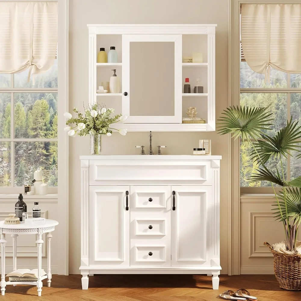 

36" Bathroom Vanities with Matching Medicine Cabinet & Single Sink, Modern Undermount Bathroom Sink Cabinet with 3 Closing