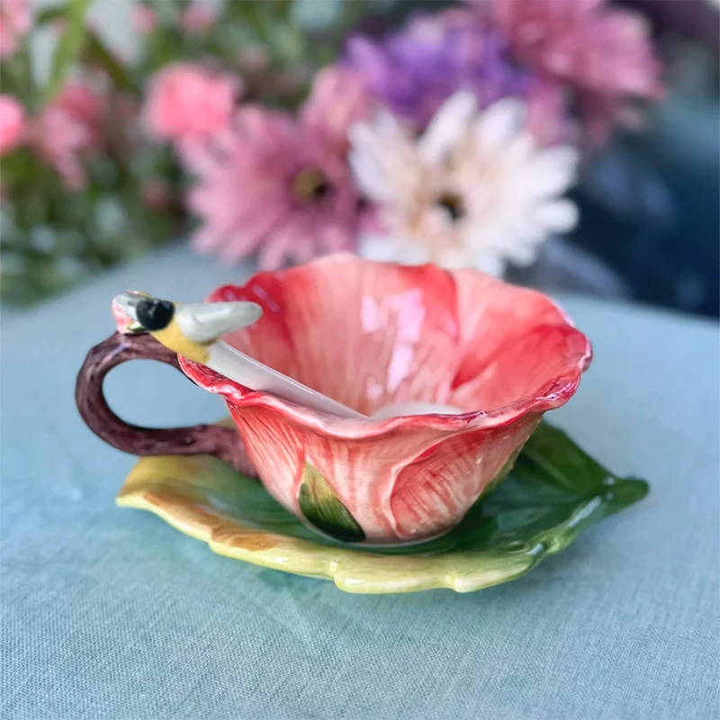 

Ceramic Flower Coffee Cup with Saucer and Spoon Exquisite Embossed Leaf and Flower Design Mug for Afternoon Tea or Flower Tea
