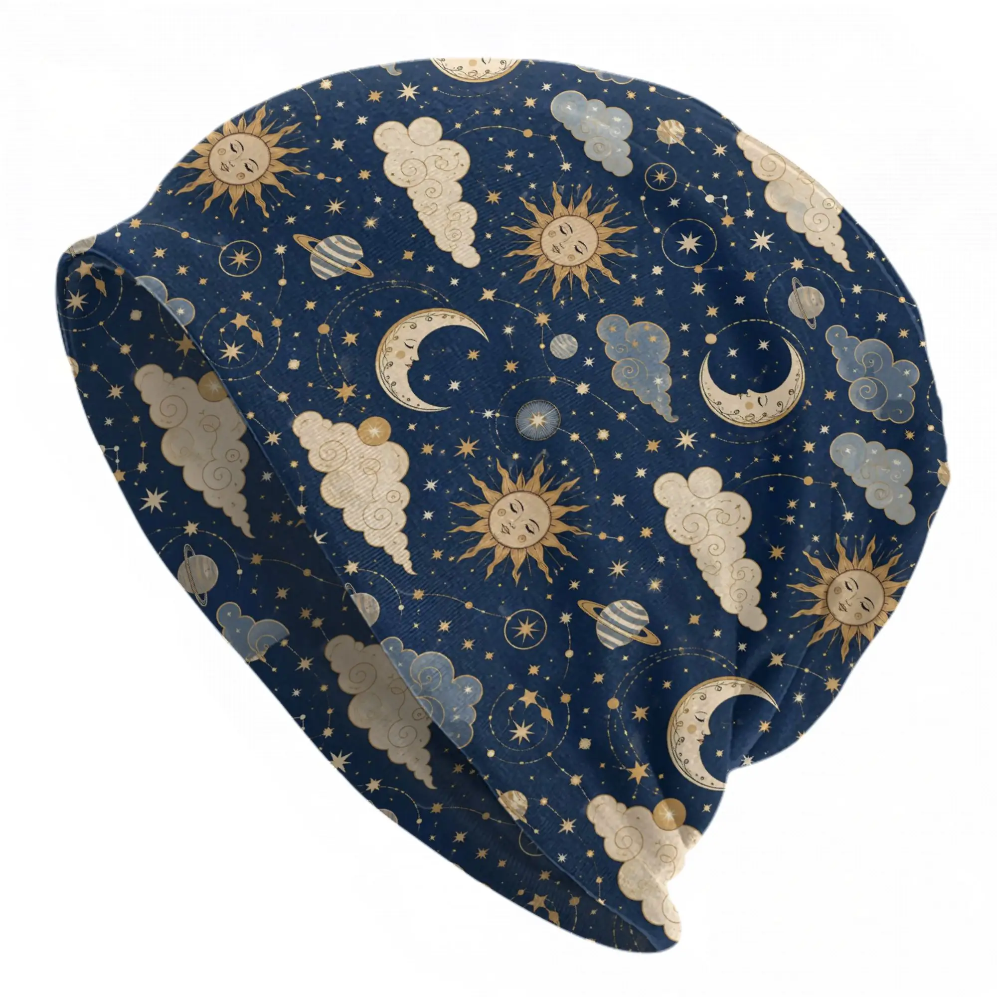 Sun and Moon Bonnet Hats Autumn Winter Street Mysterious Starry Sky Skullies Beanies Hat Unisex Warm Dual-use Caps