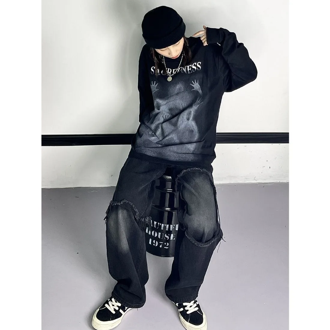 ARENS جينز ممزق للرجال جينز واسع الساق الهيب هوب سراويل جينز رجالي عتيق ملابس الشارع اليابانية مرقعة بفتحات