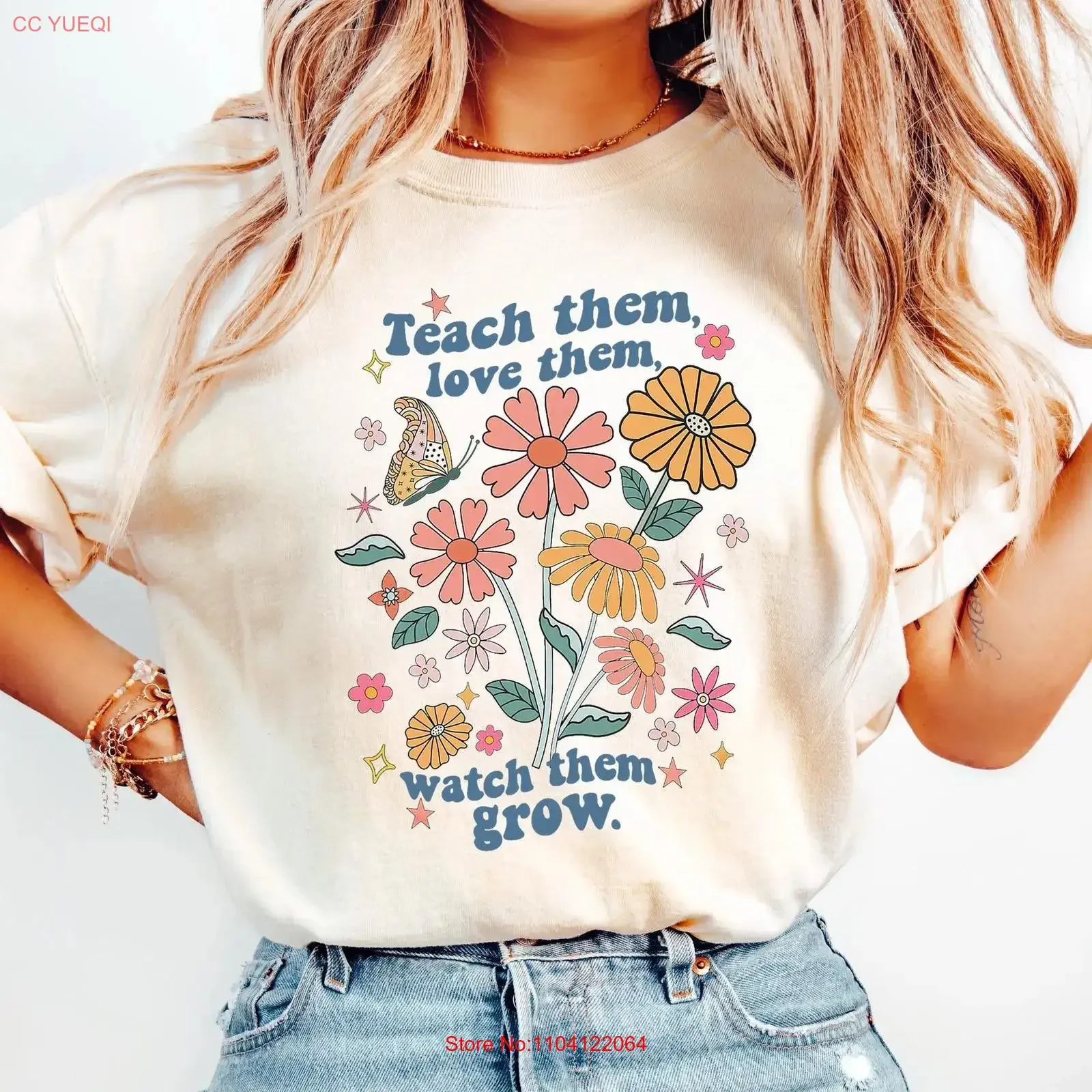 T-shirt unisexe vintage délavé pour homme avec motif graphique 'Teach Them Love Watch Grow Teacher' et 'Appreciation Back to School Flower for her'