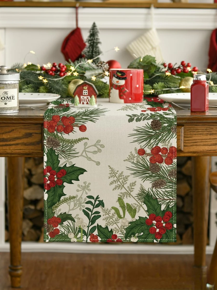 Christmas Holly Pine Cone Linen Table Runners Home Decor Reusable Home Dining Table Runners Holiday Christmas Decorations