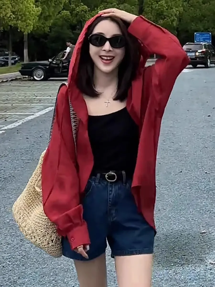 

Loose Women's Long Sleeve Hooded Shirt Summer New Casual Thin Sun Protection Top Cardigan Outerwear Spring Fashion Korean Style