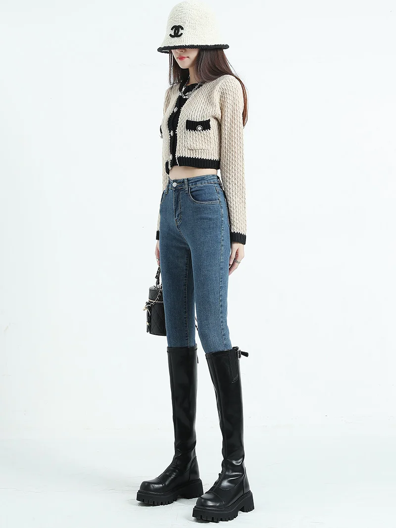 

Темно-синие женские джинсы с высокой талией, эластичные, облегающие, длинные брюки, весна-осень, большие размеры, хлопковые стрейчевые джинсовые брюки-карандаш