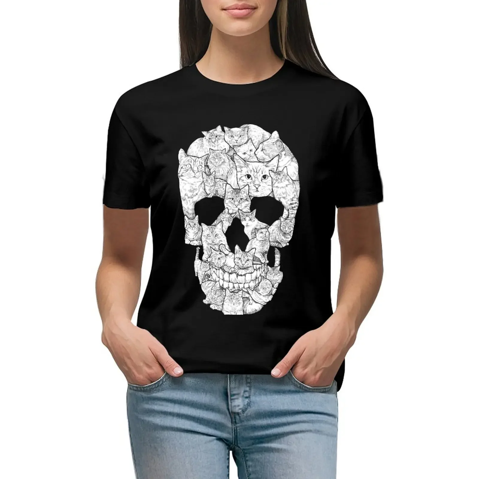 

Cat Skull T-Shirt plus sizes aesthetic clothes customs sweat Top Women