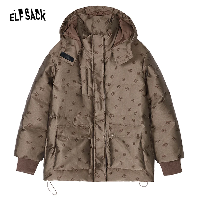 ELFSACK Brown Down Coats Women 2023 Winter Loose Mid-length Designed Jackets