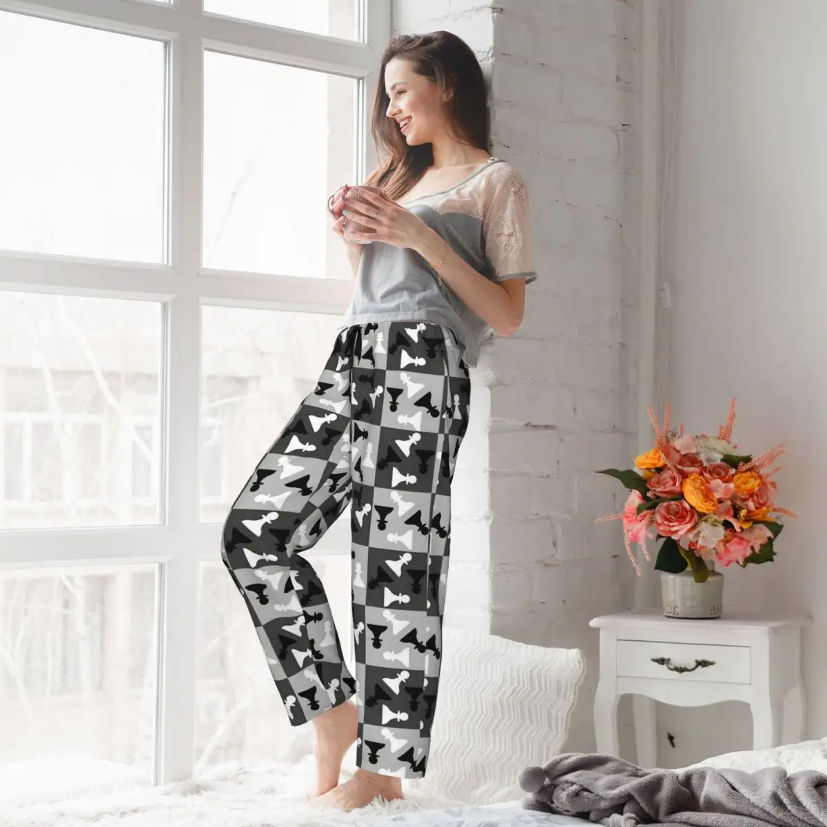 Custom Print Dames Schaakbord Pyjamabroek Schaakspel Nachtkleding Slaap Lounge Bodems met Zakken
