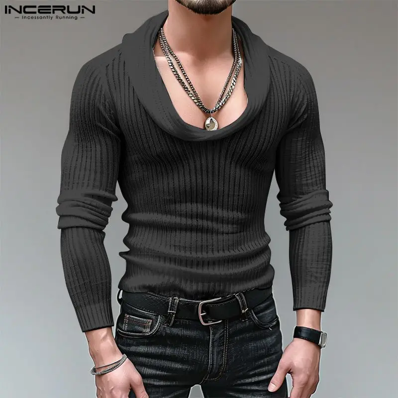 INCERUN Men T Shirt Solid Color Turtleneck Long Sleeve Knitted Casual Men Clothing Streetwear 2024 Fitness Fashion Male Tee Tops