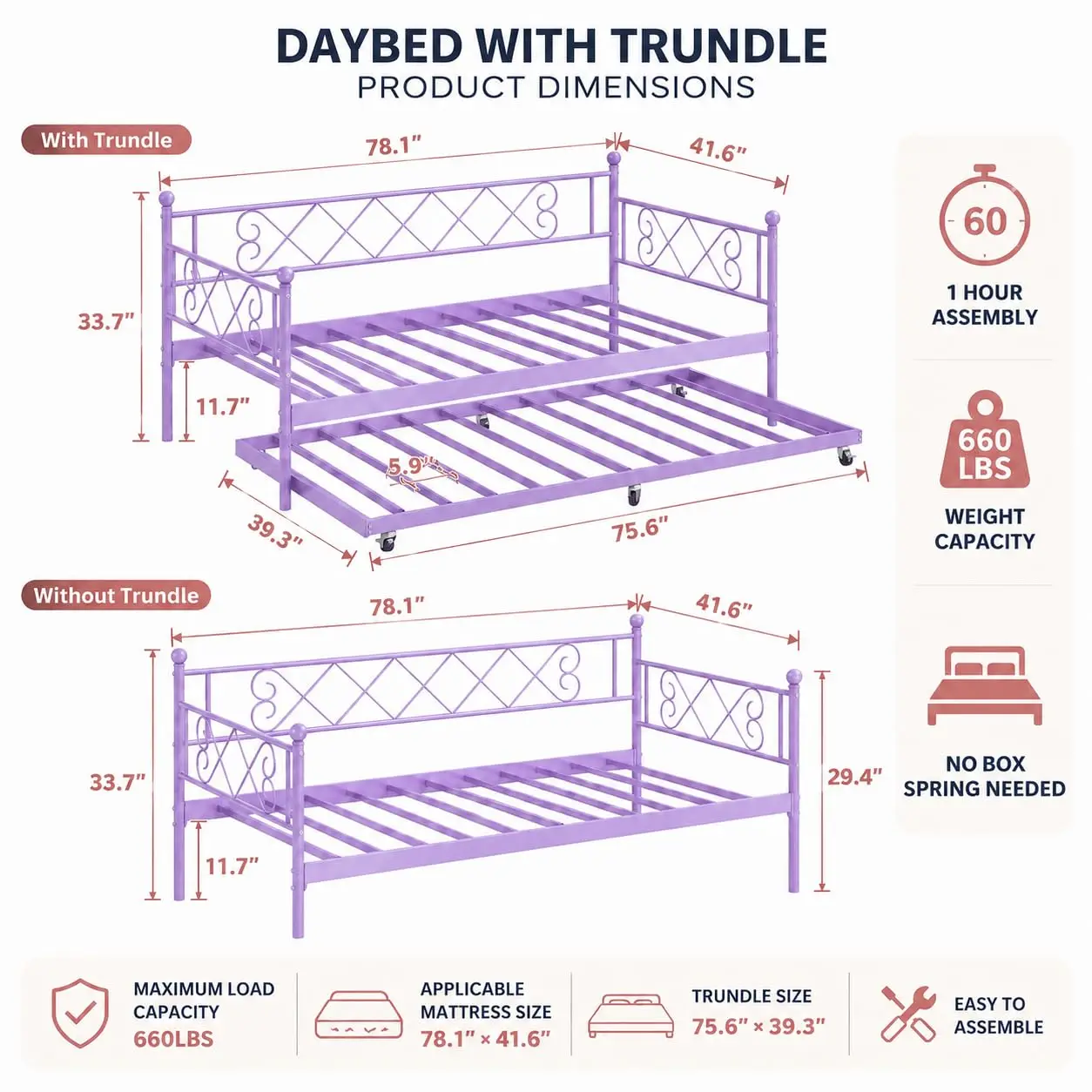 Daybed with Pull Out Trundle, Metal Sofa Bed Frame with Heart Headboard, Steel Slat Support, No Box Spring Needed