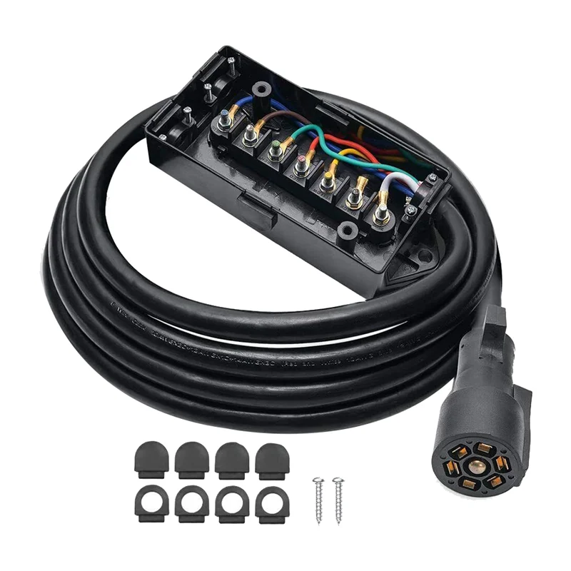 

8 Foot 7 Pin Trailer Plug Wiring Harness 7 Way RV Trailer Cord Wire With 7 Gang Waterproof Junction Box Junction Box Kit