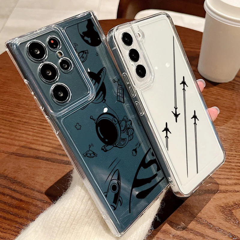 Przezroczyste etui z wzorem kreskówkowym do Samsung Galaxy A17 A14 A15 A55 A56 A54 A36 A26 S25 Edge S25 FE S23 Ultra S22 Plus, silikonowe.