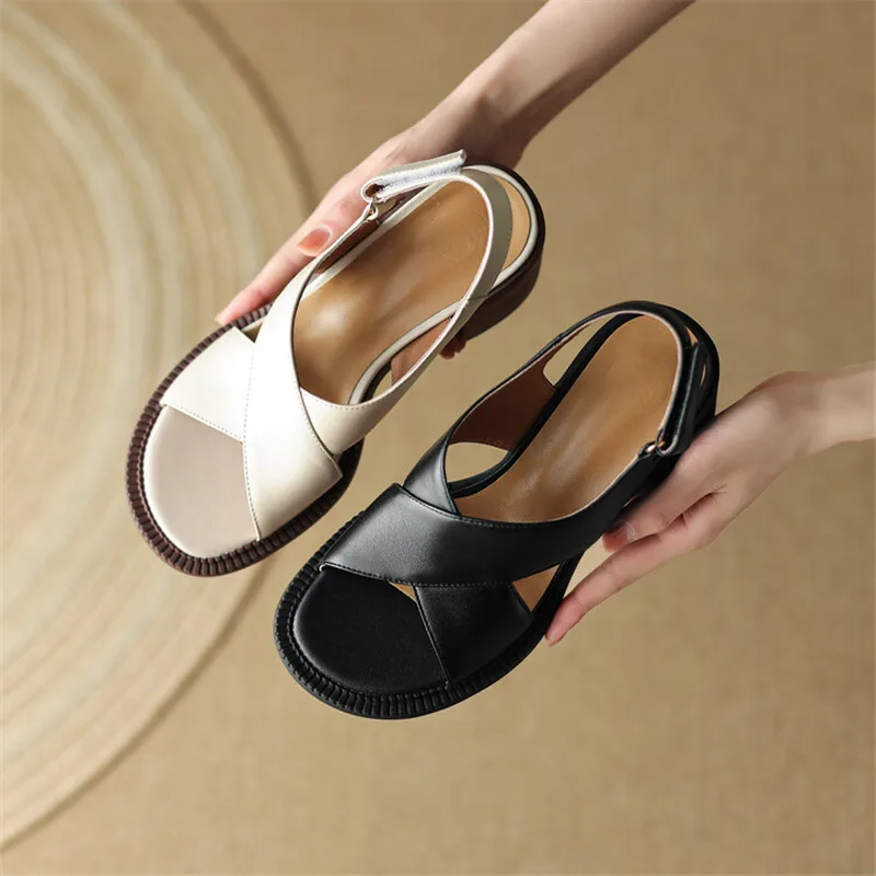 New Genuine Leather Summer Sandals 2023 Round Toe Chunky Heel Women Sandals Concise High Heels Handmade Shoes for Women