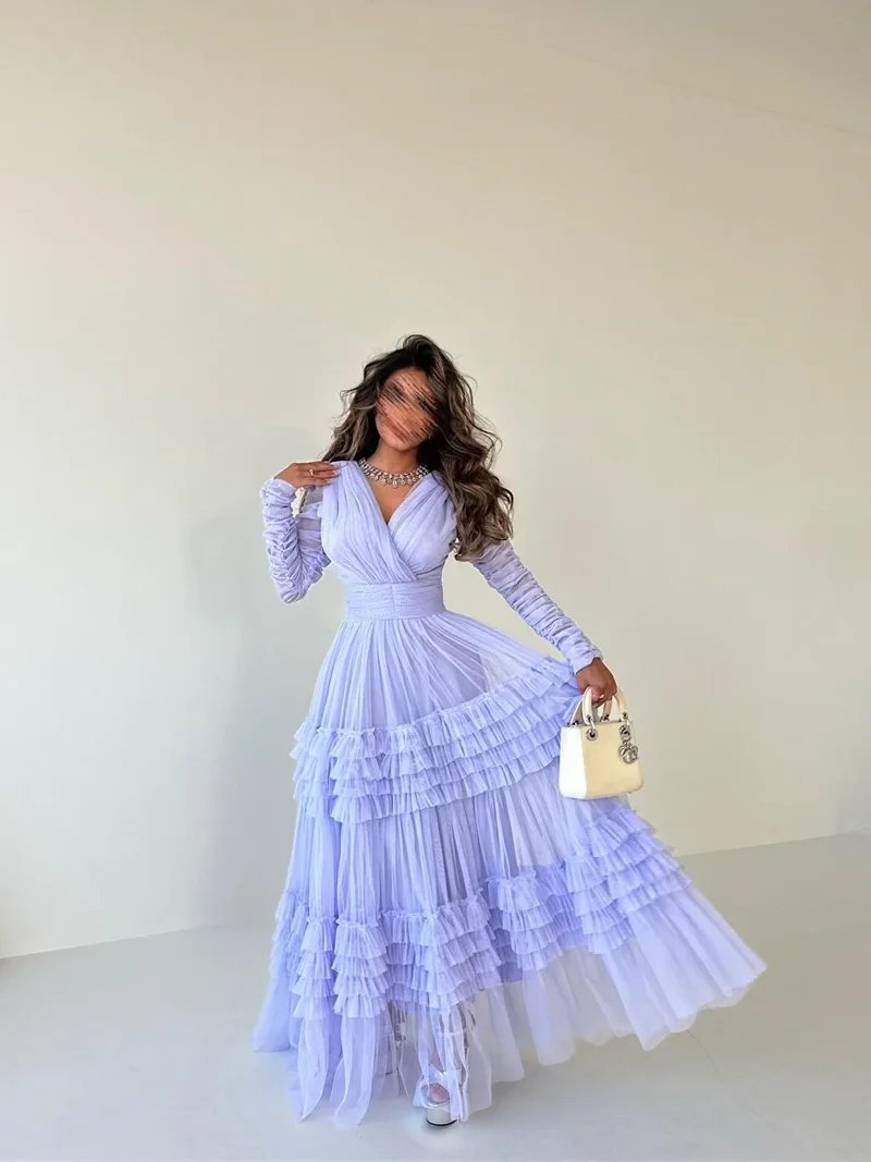 Oisslec Saudi Arabia Prom Dress جديد في فساتين V Neck Long Sleeve Tulle Formal Occasion Evening Gown Mecca سهره نسائيه فخمة