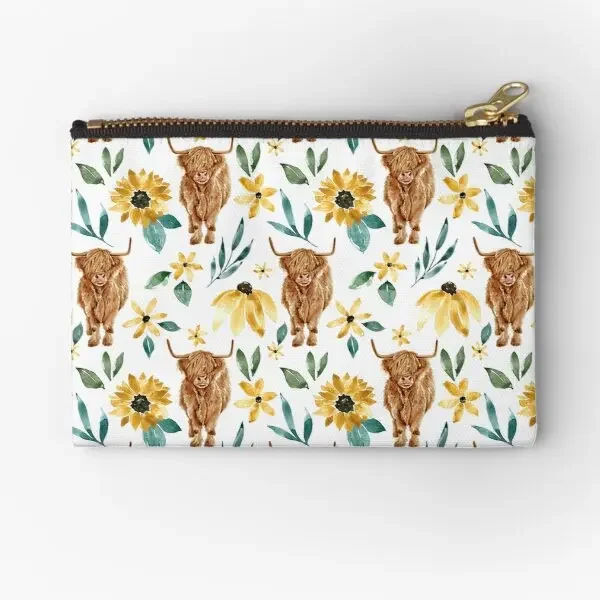 

Highland Cow And Sunflowers Wildflowers Zipper Pouches Storage Packaging Pure Money Bag Socks Key Cosmetic Coin Pocket Women