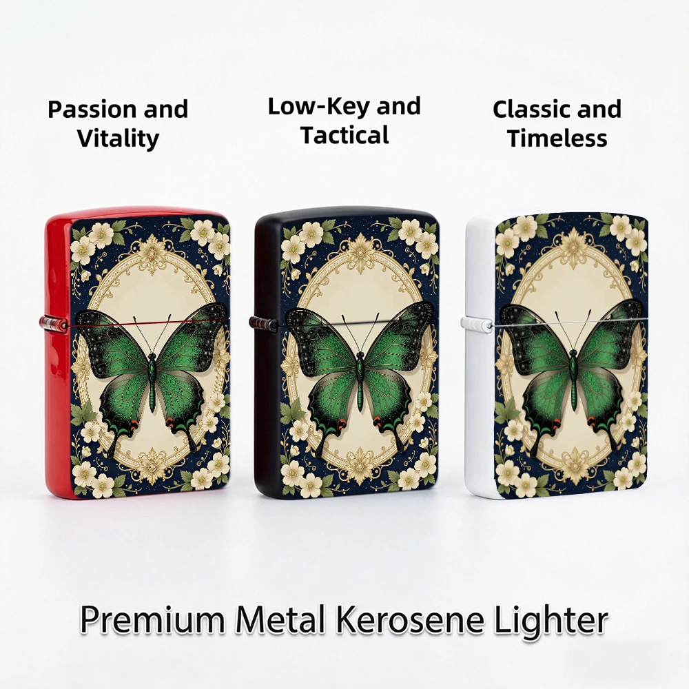 Flip Top Lighter Vintage Green Butterfly With Floral Golden Frame Art Pattern lighters vintage lighters for smokers Retro Style