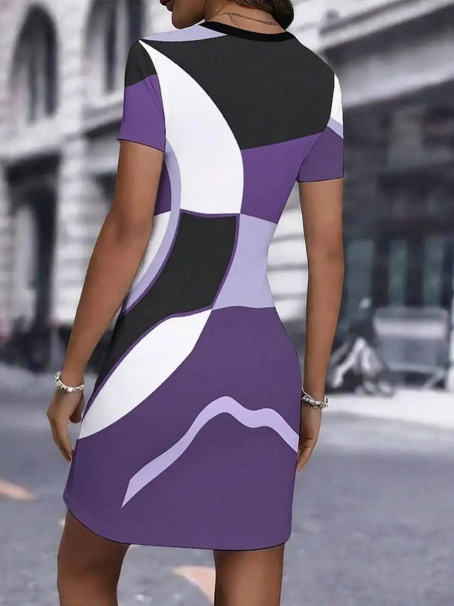 

Womens Printed Short Sleeve Round Neck Bodycon Mini Dress