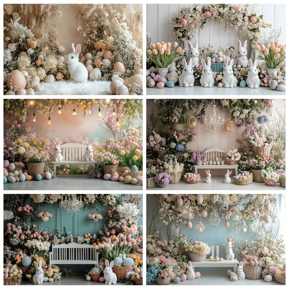 

Spring Happy Easter Day Backdrops Colorful Eggs Rabbit Bunny Floral Baby Shower Decor Photography Background Photo Studio Props