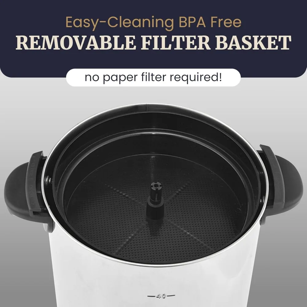 Elite Gourmet CCM040 Filtro extraíble de urna de café de 40 tazas de acero inoxidable para una fácil limpieza, dispensador bidireccional con mano Cool-Touch