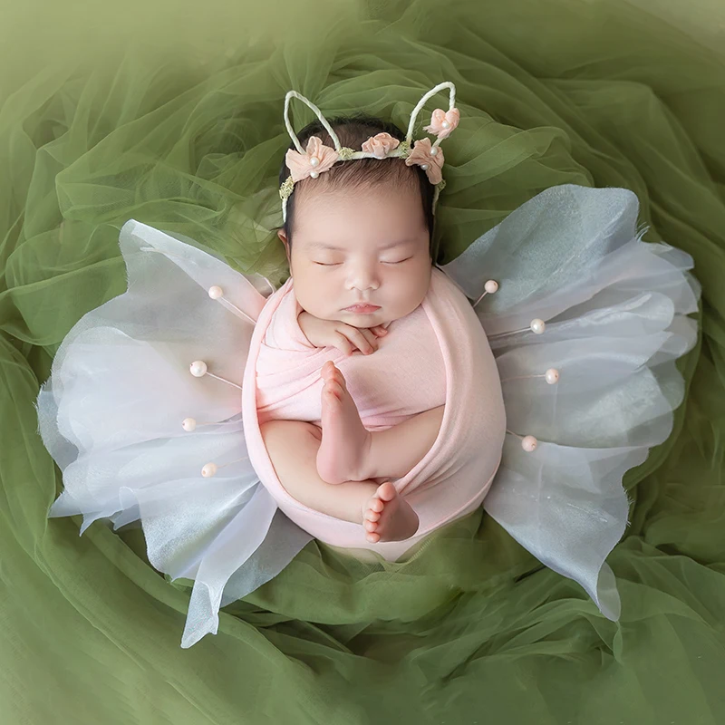 Newborn Photography Props Pink Butterfly Yarn + Pearl Combination Prop Baby Girl Photo Mesh Background Decorative Accessories