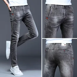 Pantalones vaqueros ajustados lavados para hombre, Jeans elásticos de estilo coreano, Punk, informales, de diseñador, color azul, para primavera y otoño, 2024