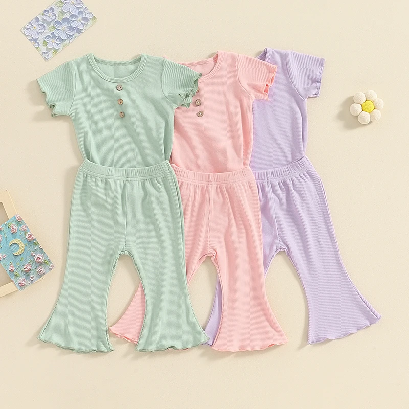 

Toddler Girl Summer Clothes Short Sleeve Ribbed Ruffle Cuffs T-shirt Top Bell Bottoms Set 2pcs Baby Girls Outfits