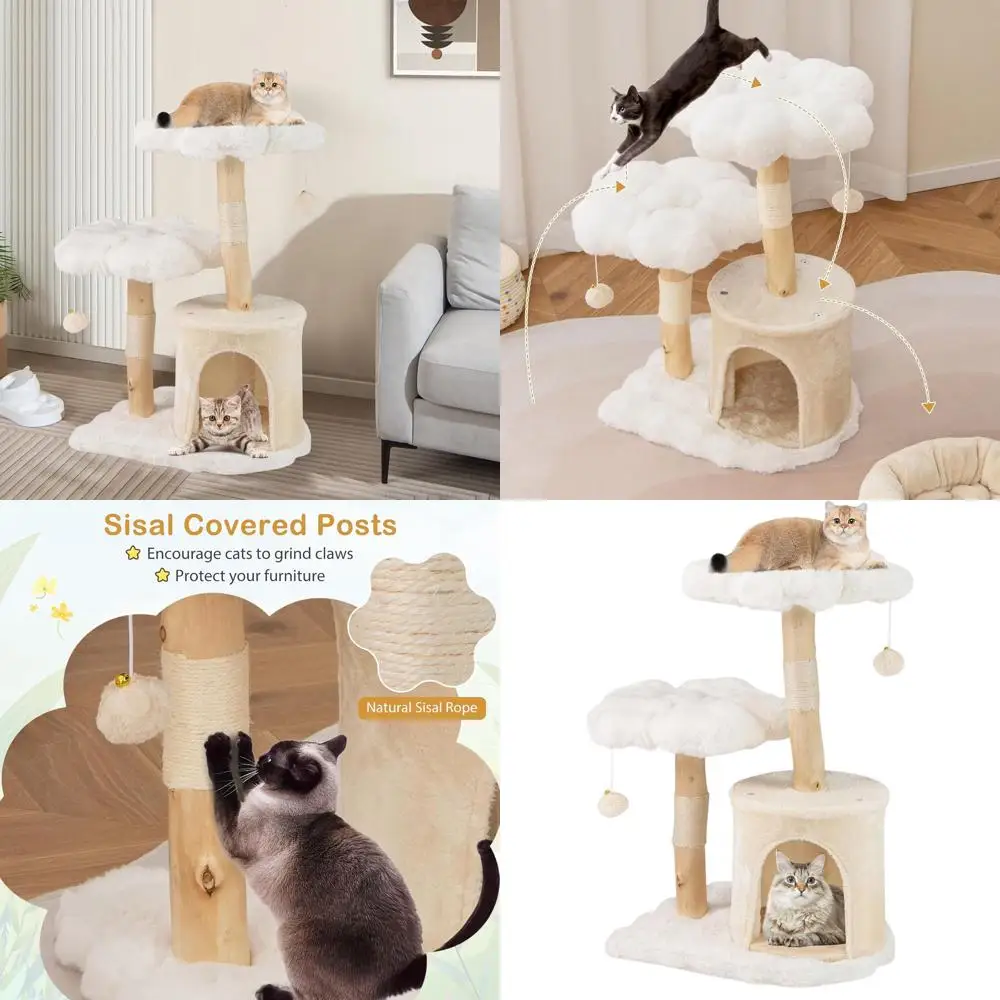 

32-дюймовая современная когтеточка для кошек с цветочным дизайном, натуральными ветками, мягкими лежанками, когтеточками и подвесными шариками для домашних кошек