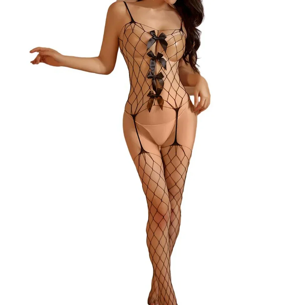 Sexy Women Bodysuit Fishnet Hollow Out Body Stocking Crotchless Strap Lingerie Mesh Tights Nightwear Bow Seduction Erotic Wear