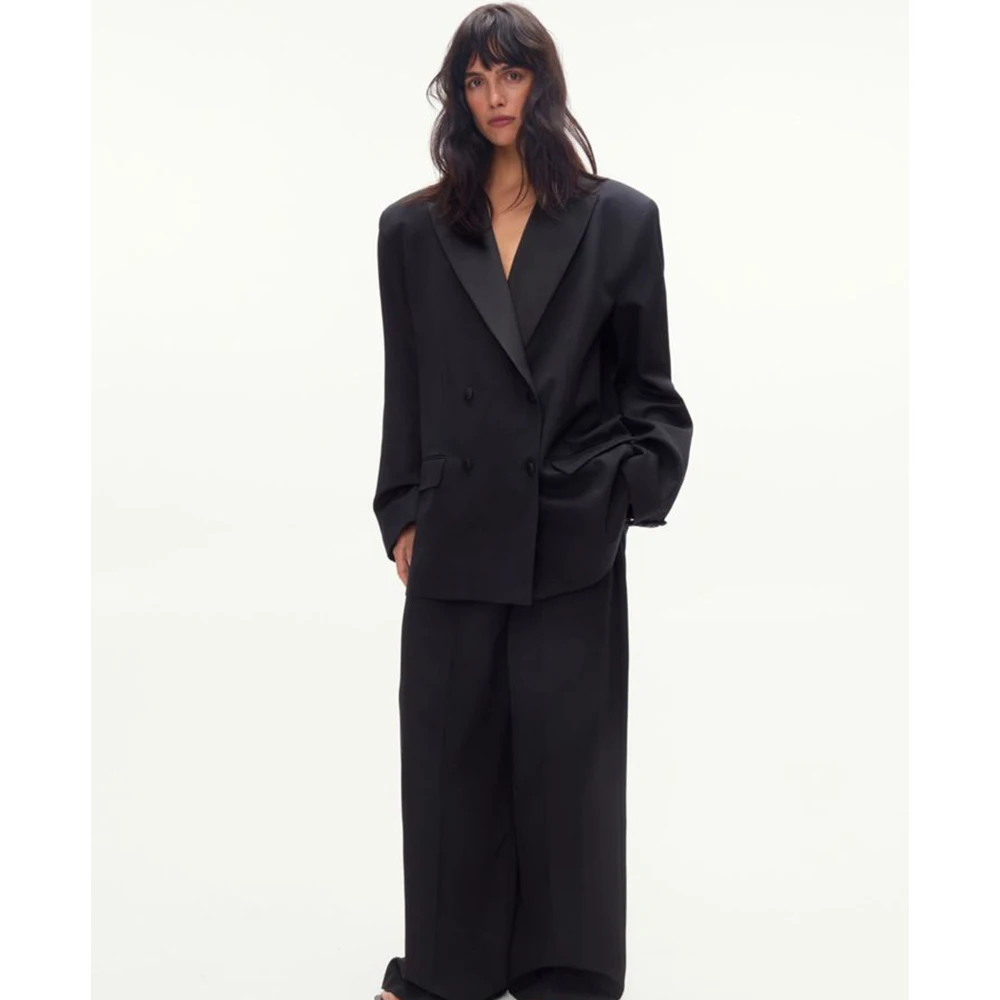 

Fashion Simple Double-Breasted Women's Black Suit 2 Piece Jacket Pants Set Peak Lapel Loose Fit Office Casual Female Outfits