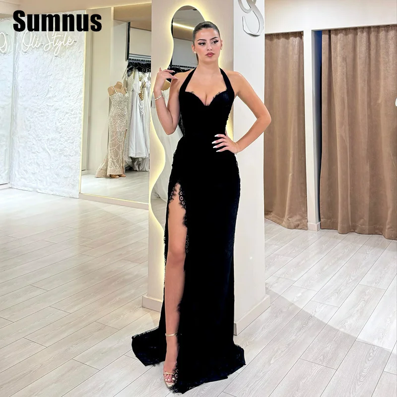 

Sumnus Modern Mermaid Prom Dress Black Lace Deep V-Neck Pleats Floor Length Party Dresses Side Slit Evening Dress Customized