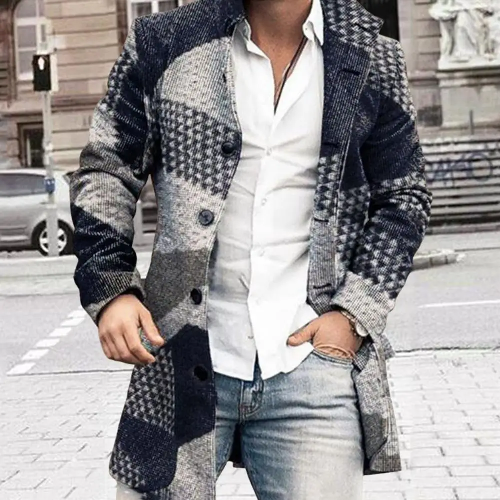 Simple Men Jacket Plaid Autumn Winter Coldproof Pockets Jacket  Outerwear Men Overcoat for Daily Wear