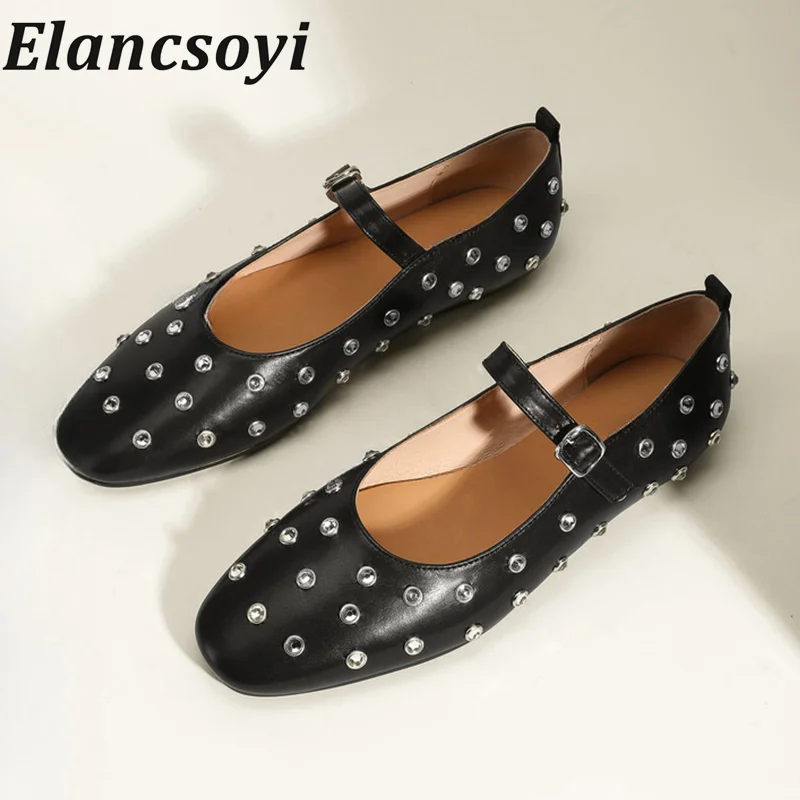 

Spring Autumn Round Toe Crystal Rivet Decorative Flat Shoes Women's Belt Buckle Design Single Shoes Soft Bottom Ballet Shoes