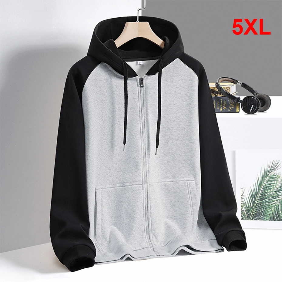 

Zipper Hoodie Jacket Men Fashion Casual Contrast Color Sleeve Patchwork Hoodie Male Spring Autumn Hoodies Plus Size 5XL