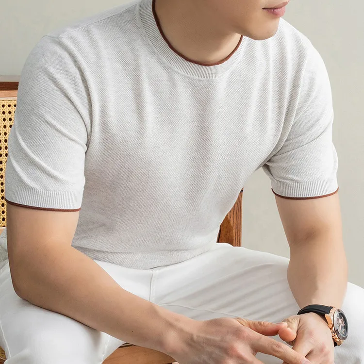 Pure Cotton Knit Polo shirt Men 2026 Summer Trendy Knitwear Short Sleeve Breathable O-neck Kntiting Tops 100% cotton t-shirt