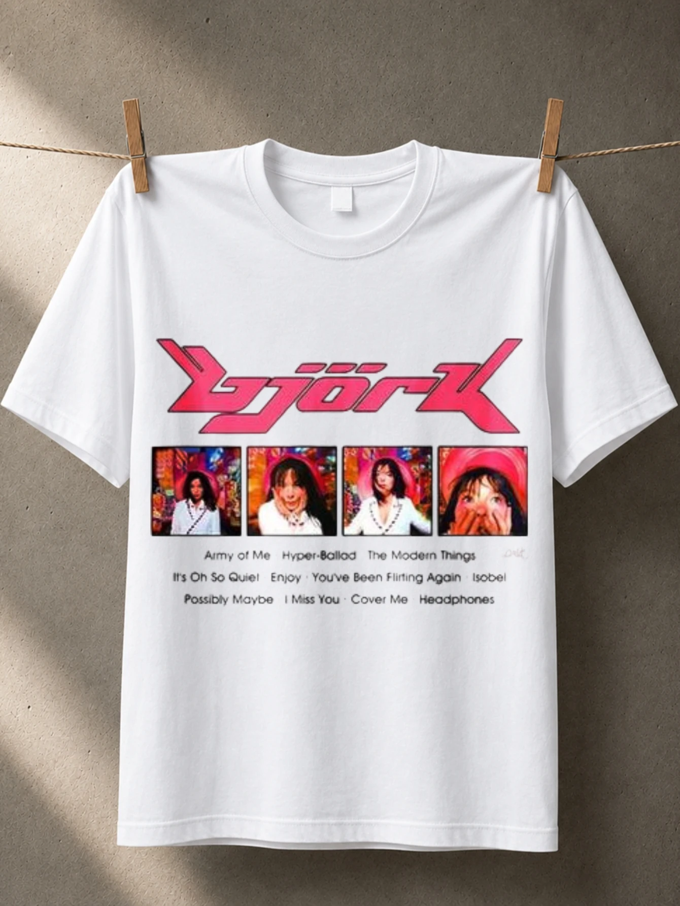 Bjork Tracklist Photo Strip pink futuristic logo four image panels and album song list in clean  Unisex All T-Shirt