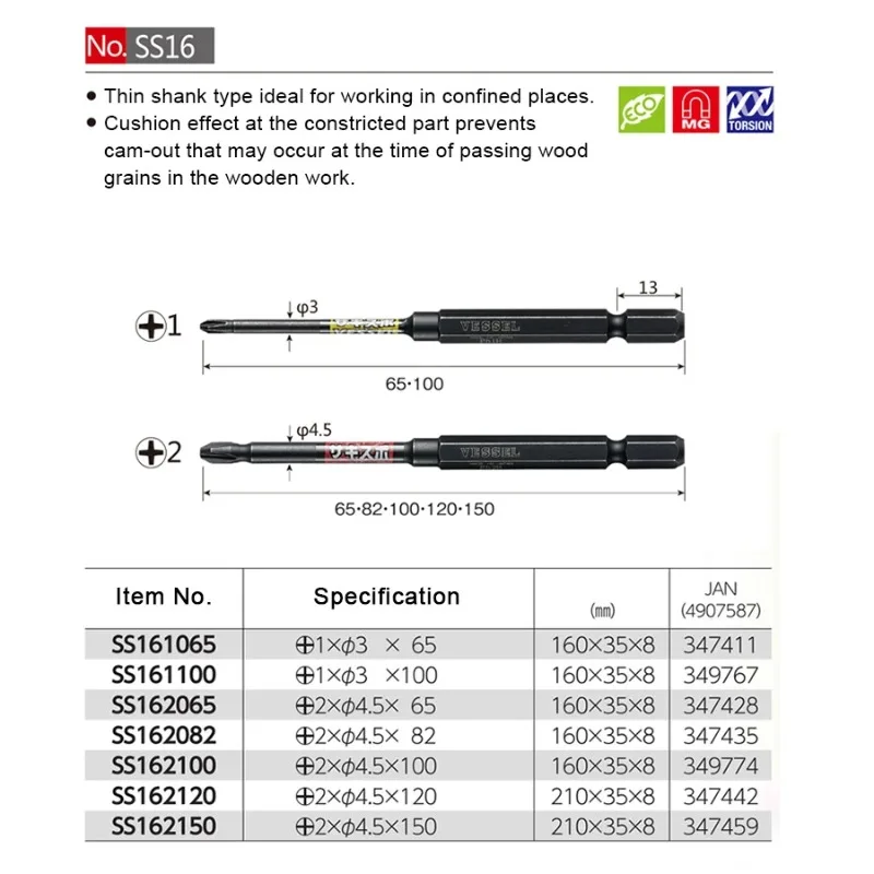 VESSEL NO.SS16 Screwdriver Bits Set - 65mm-150mm Length, 1/4