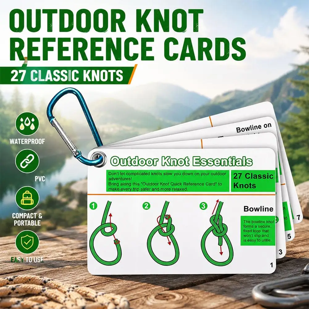 Waterproof Rope Knot Reference Cards 27 Classic Outdoor Knot Guide With Carabiner Portable Survival Tool For Camping Hiking