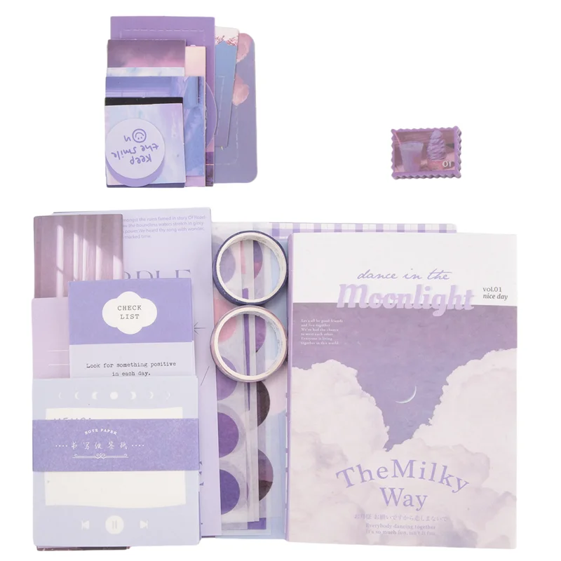 348ピース ヴィンテージスクラップブックキット スクラップブッキング用品キット ジャンクジャーナル用品キット ジャーナルキット A6グリッドノートブック付き (ムーンライト)