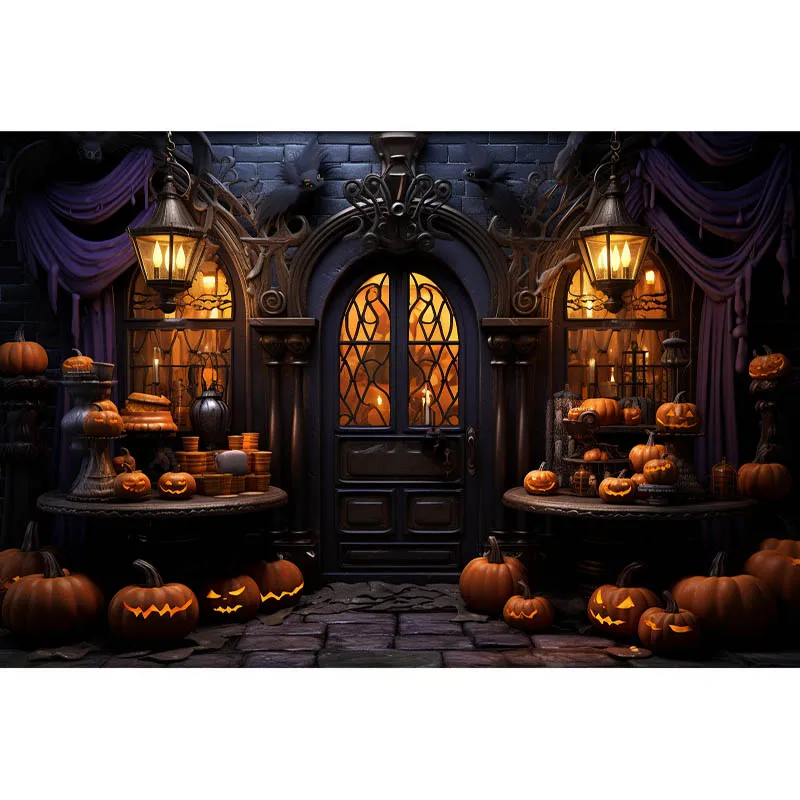 هالوين خلفية التصوير الفوتوغرافي ، ليلة مخيفة ، اكتمال القمر والقلعة القديمة ، خلفية الديكور ، لوازم الحفلات المنزلية ، اليقطين والمنزل