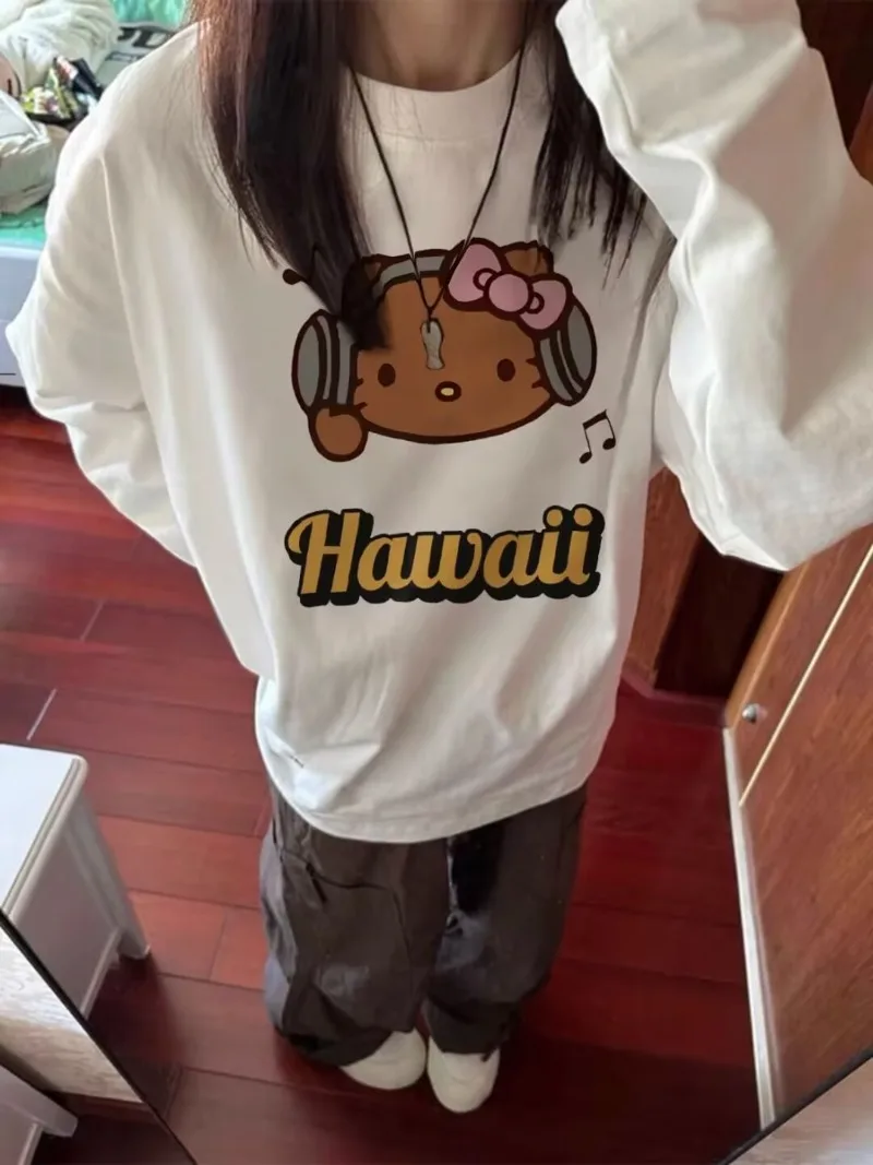 

White Spring Autumn Hello Kitty Printed Women Clothes 100% Cotton Long Sleeved Shirts for Women Vintage Oversized T Shirt Tops