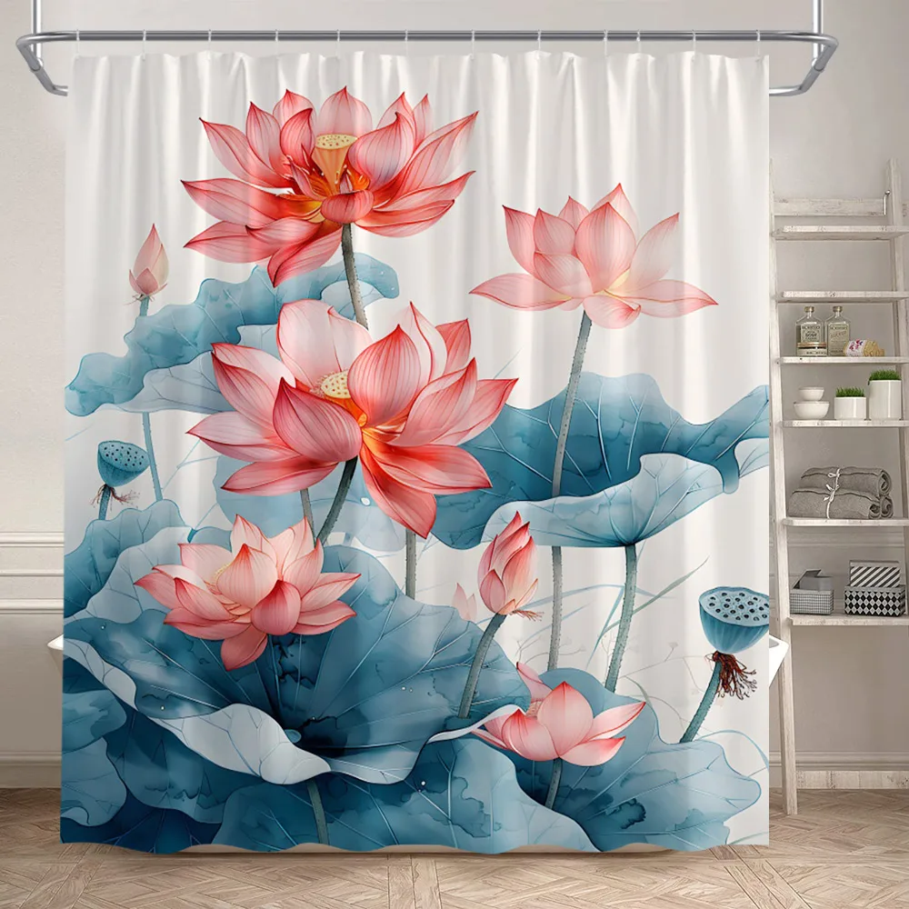 Lotus Shower Curtains White Floral Green Leaves Plant Chinese Style Art Bath Curtain Polyester Bathroom Bathtub Decor With Hooks