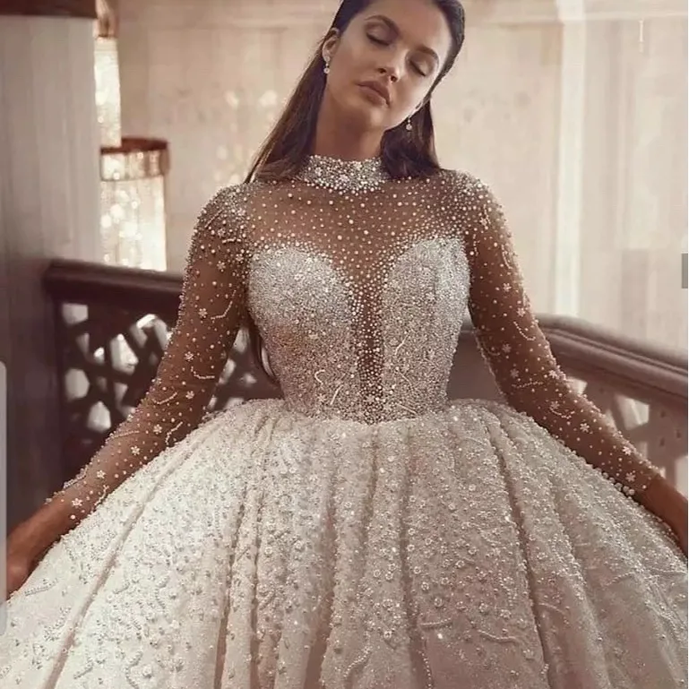 New plus size perspective strapless wedding dress 2025 new pearl sleeve fluffy wedding dress with trailing long skirt